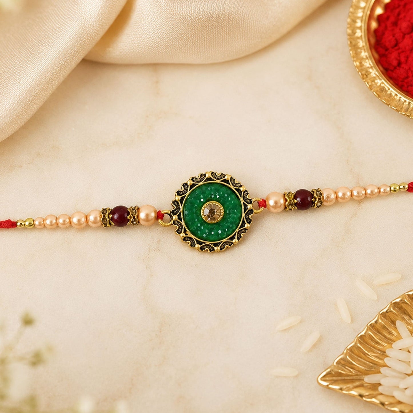 Round Meenakari Enamel Kundan Charm Pearl Bead Rakhi for Brother