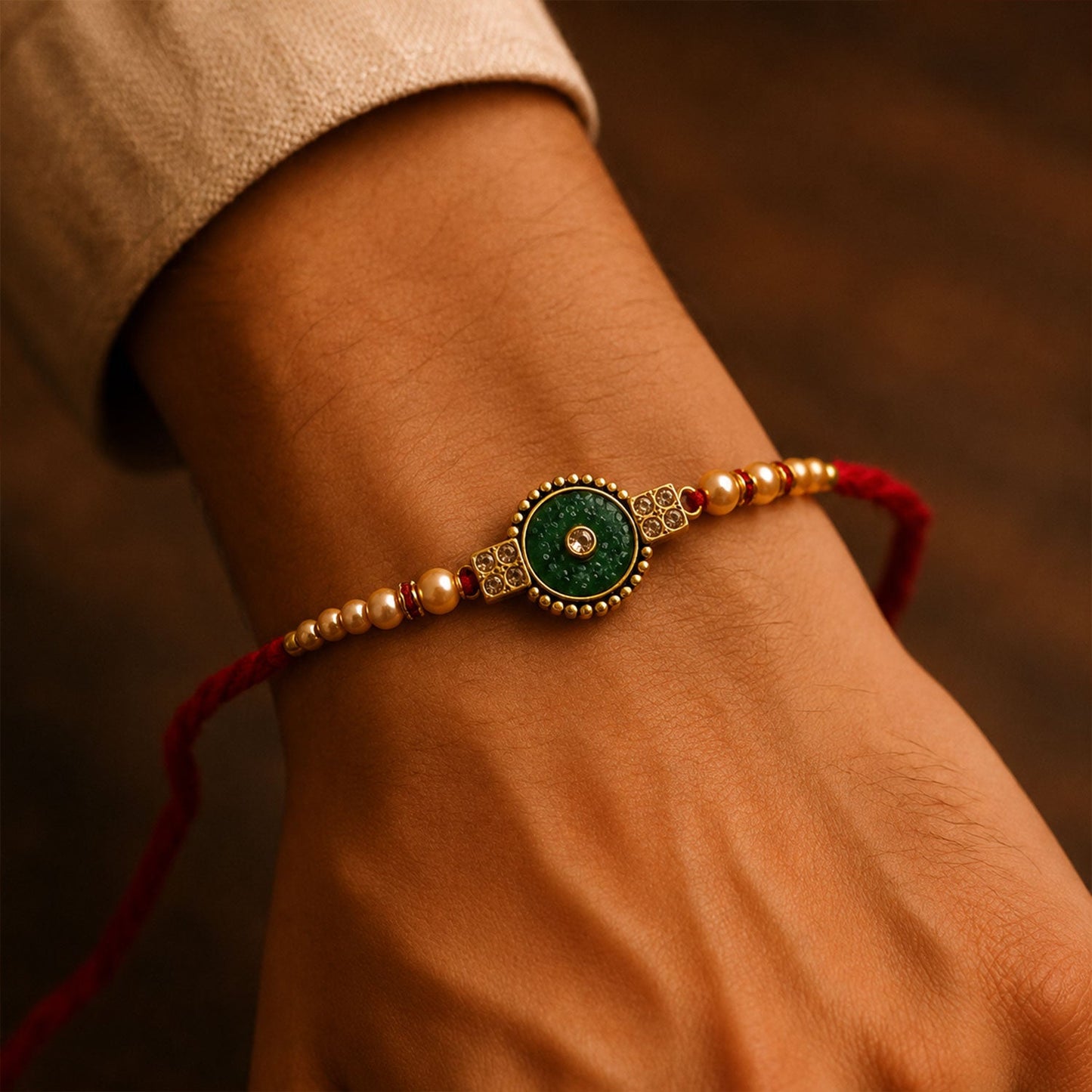 Round Meenakari Kundan Stone Pearl Bead Fancy Thread Rakhi for Brother