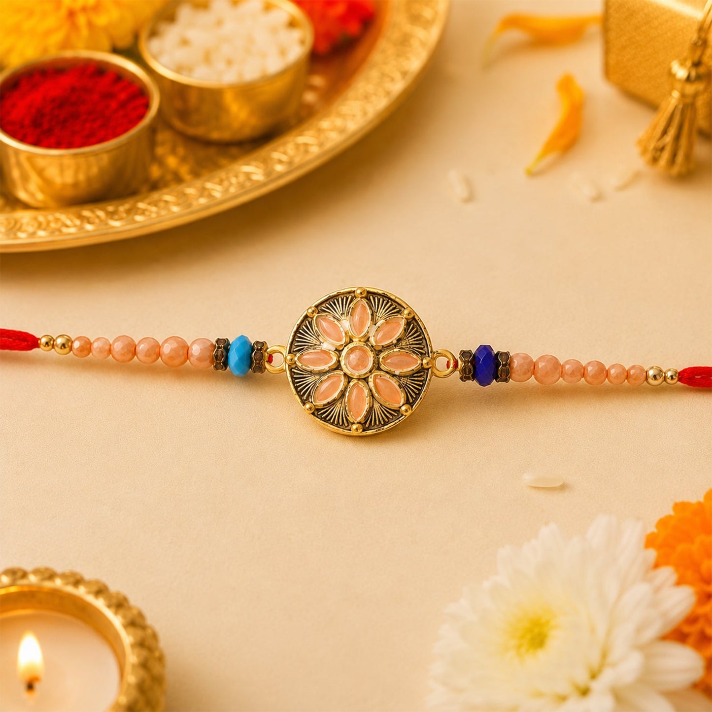 Round Antique Meenakari Stone Charm Crystal Bead Rakhi for Brother