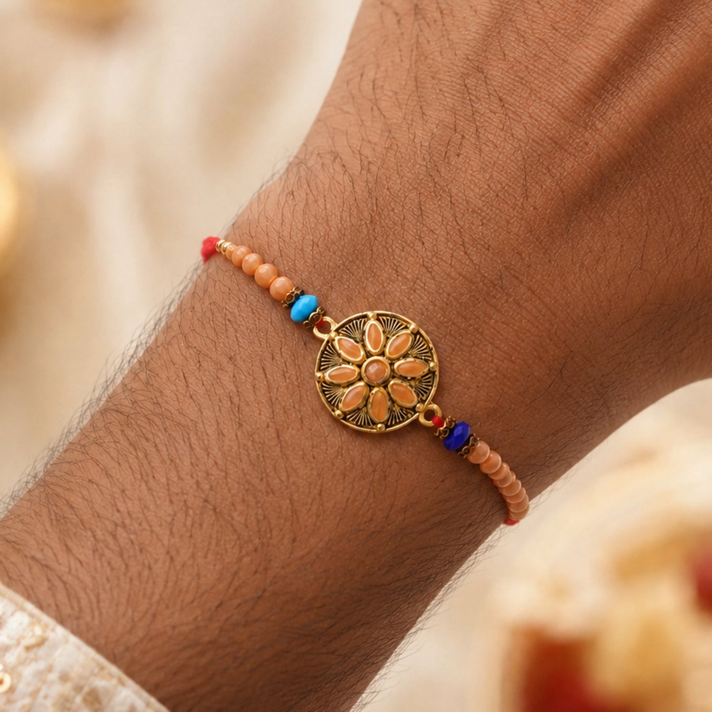 Round Antique Meenakari Stone Charm Crystal Bead Rakhi for Brother