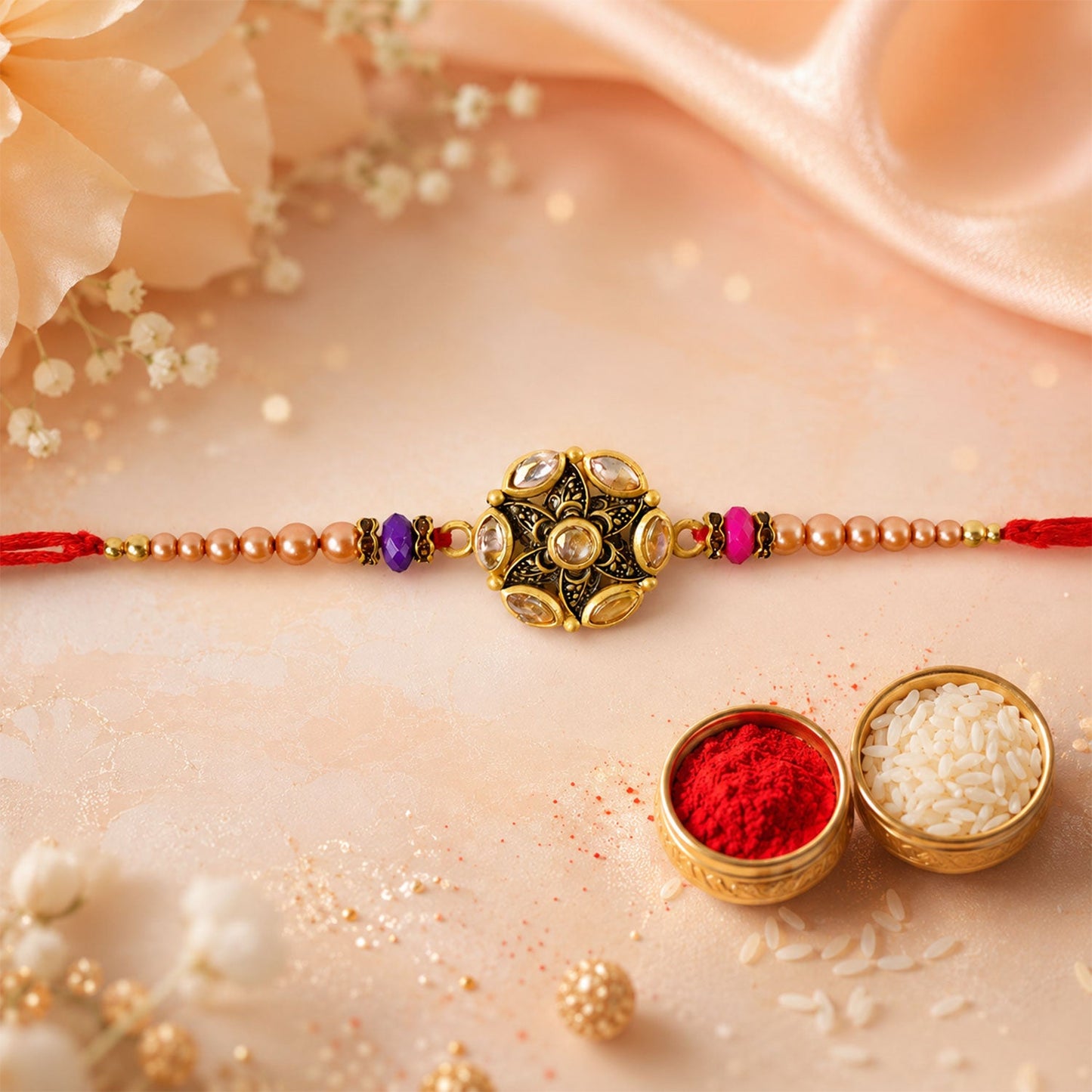 Round Antique Kundan Marquise Floral Charm Pearl Bead Rakhi for Brother