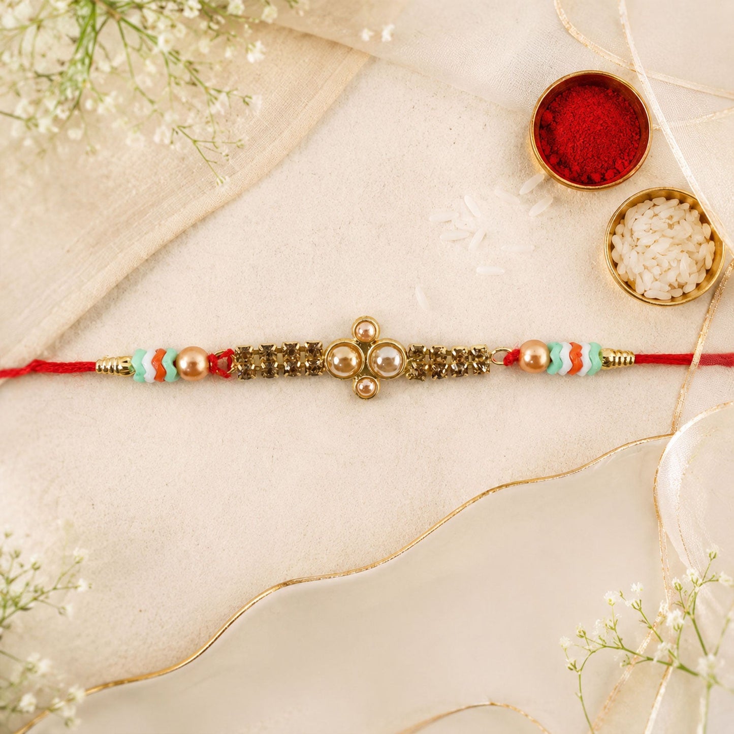 Kundan Pearl Diamond Bead Crystal Fancy Thread Rakhi for Brother