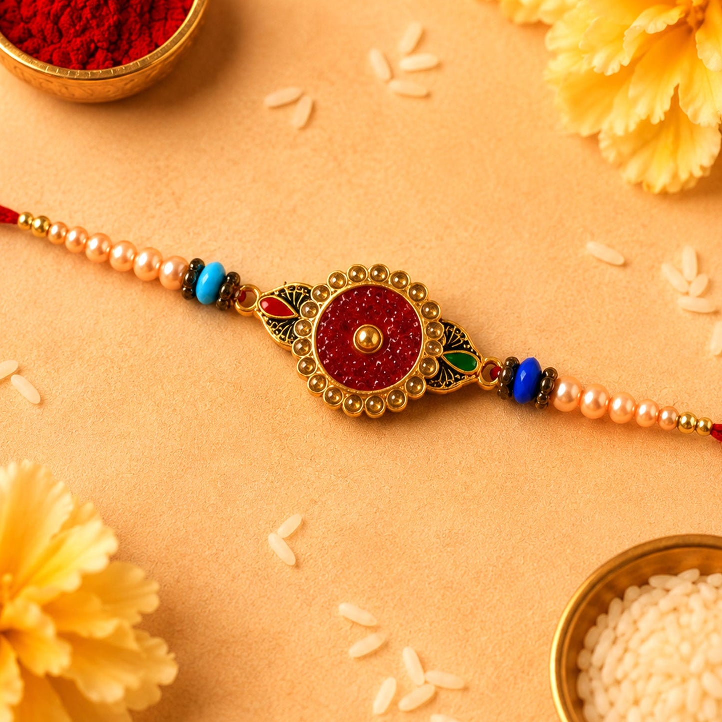 Round Antique Meenakari Enamel Charm Pearl Crystal Bead Rakhi for Brother