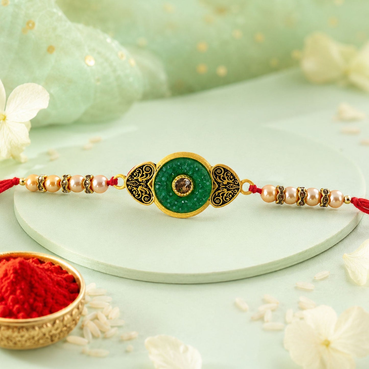 Round Meenakari Enamel Kundan Stone Pearl Bead Thread Rakhi for Brother