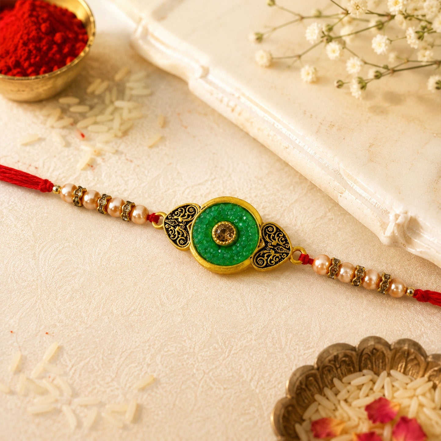 Round Meenakari Enamel Kundan Stone Pearl Bead Thread Rakhi for Brother