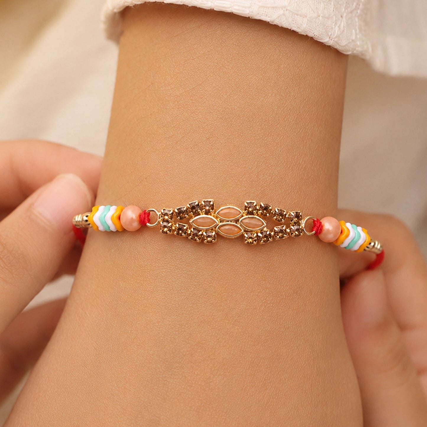 Oval Kundan Marquise Stone Crystal Bead Fancy Thread Rakhi for Brother