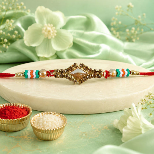 Premium Diamond Kundan Crystal Stone Pearl Bead Fancy Thread Rakhi for Brother
