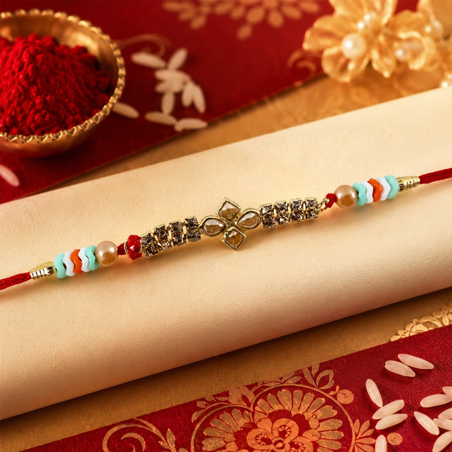 Floral Kundan Crystal Bead Pearl Decorative Fancy Thread Rakhi for Brother