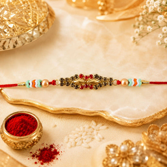 Premium Diamond Kundan Crystal Cluster Pearl Bead Fancy Thread Rakhi for Brother