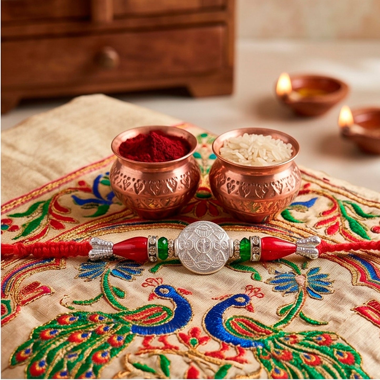 Round Meenakari Kundan Charm Rudraksha Bead Fancy Thread Rakhi for Brother