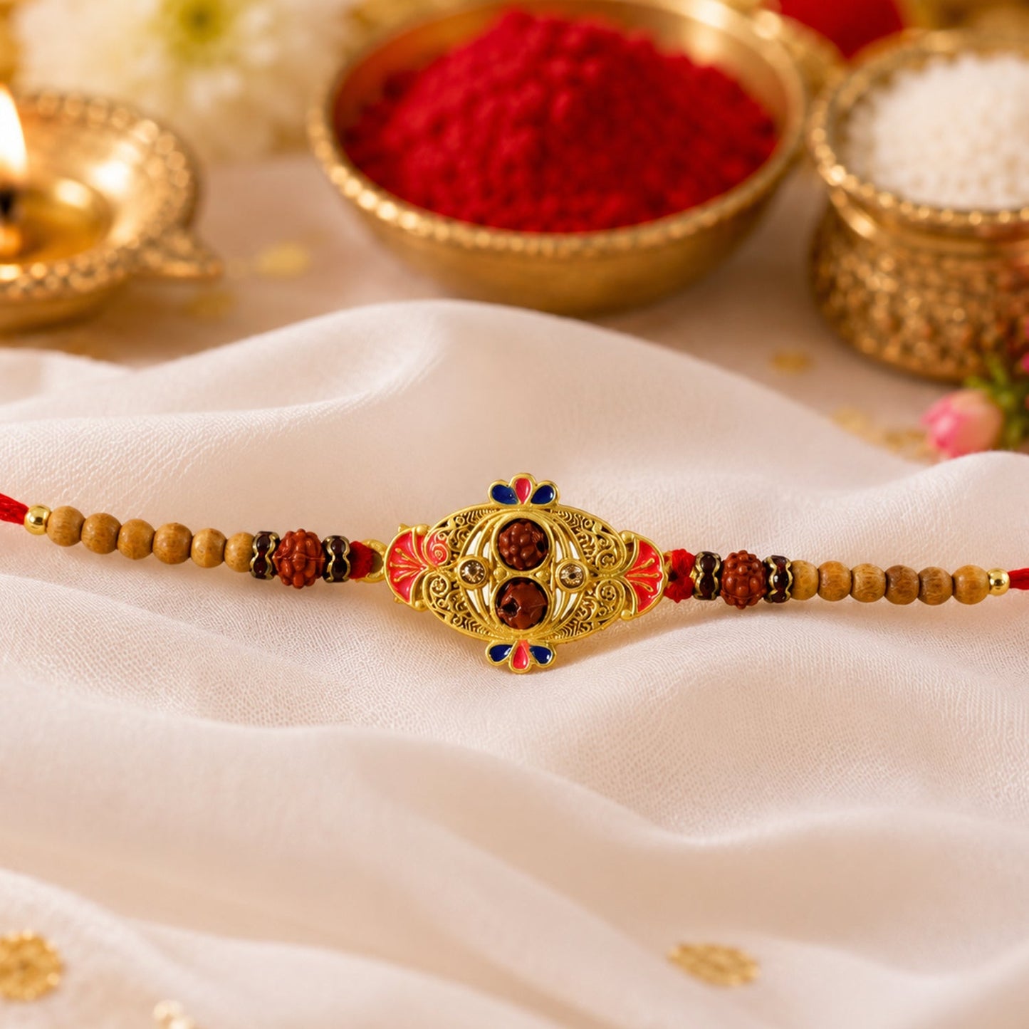 Oval Meenakari Rudraksha Bead Enamel Charm Thread Rakhi for Brother