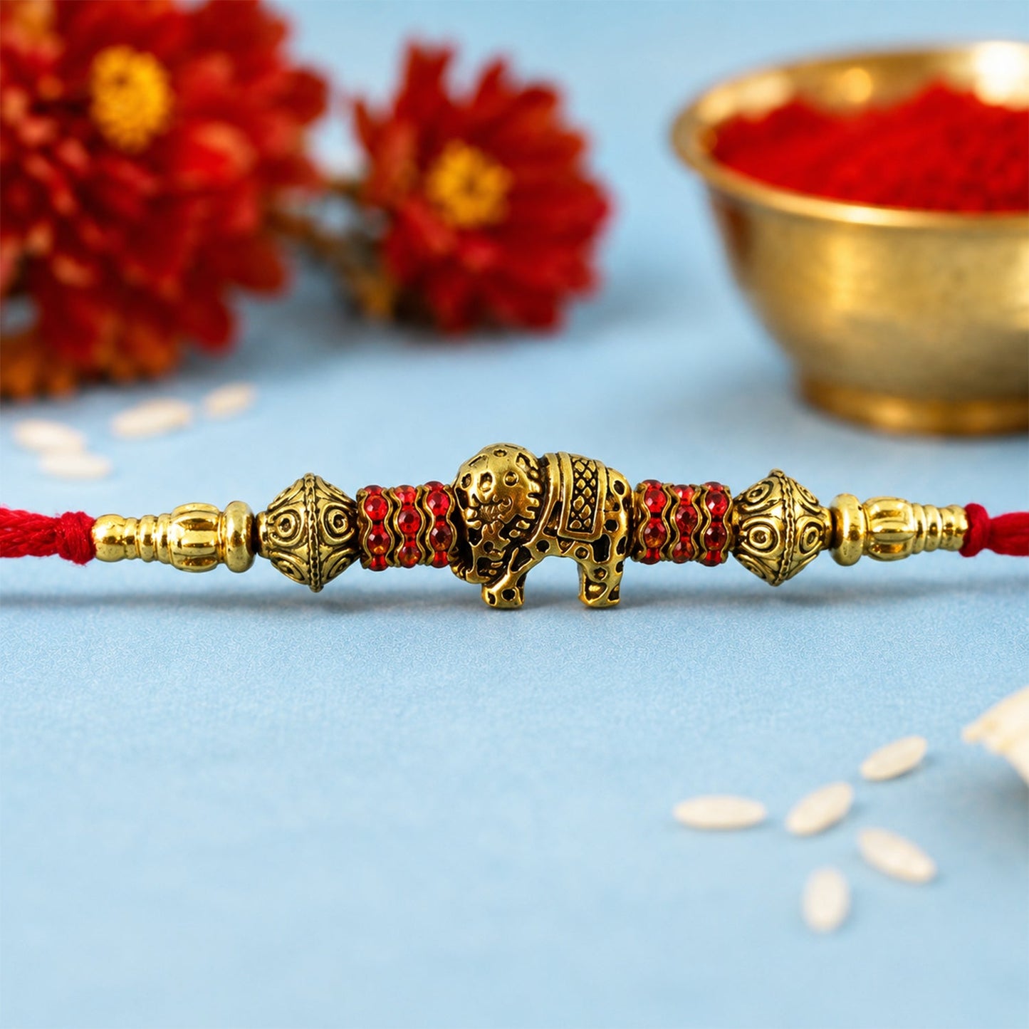 Elephant Antique Charm Crystal Bead Fancy Thread Rakhi for Brother