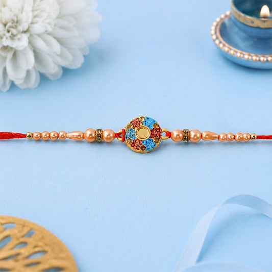 Premium Round Meenakari Enamel Kundan Pearl Bead Fancy Thread Rakhi for Brother