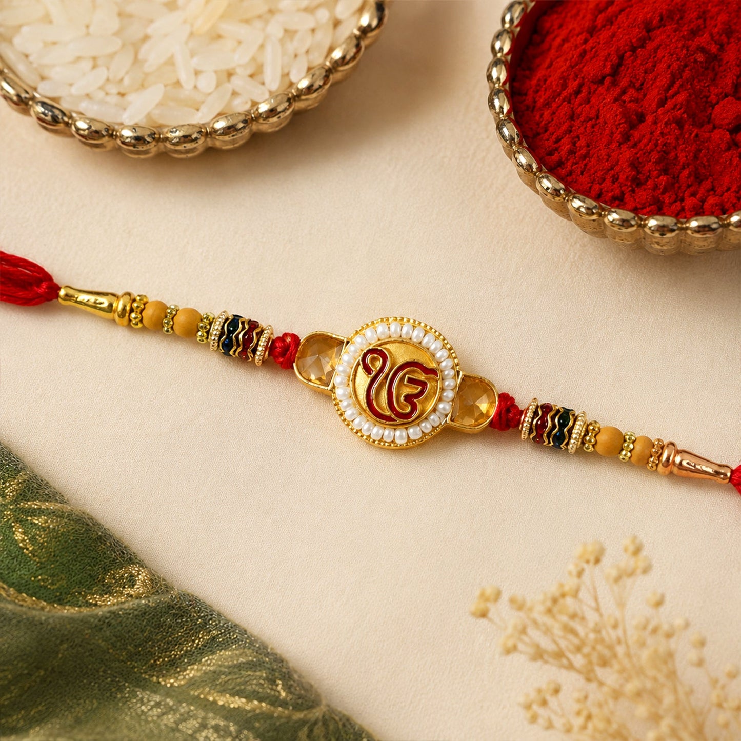 Ik Onkar Sikh Symbol Kundan Pearl Bead Fancy Thread Rakhi for Brother