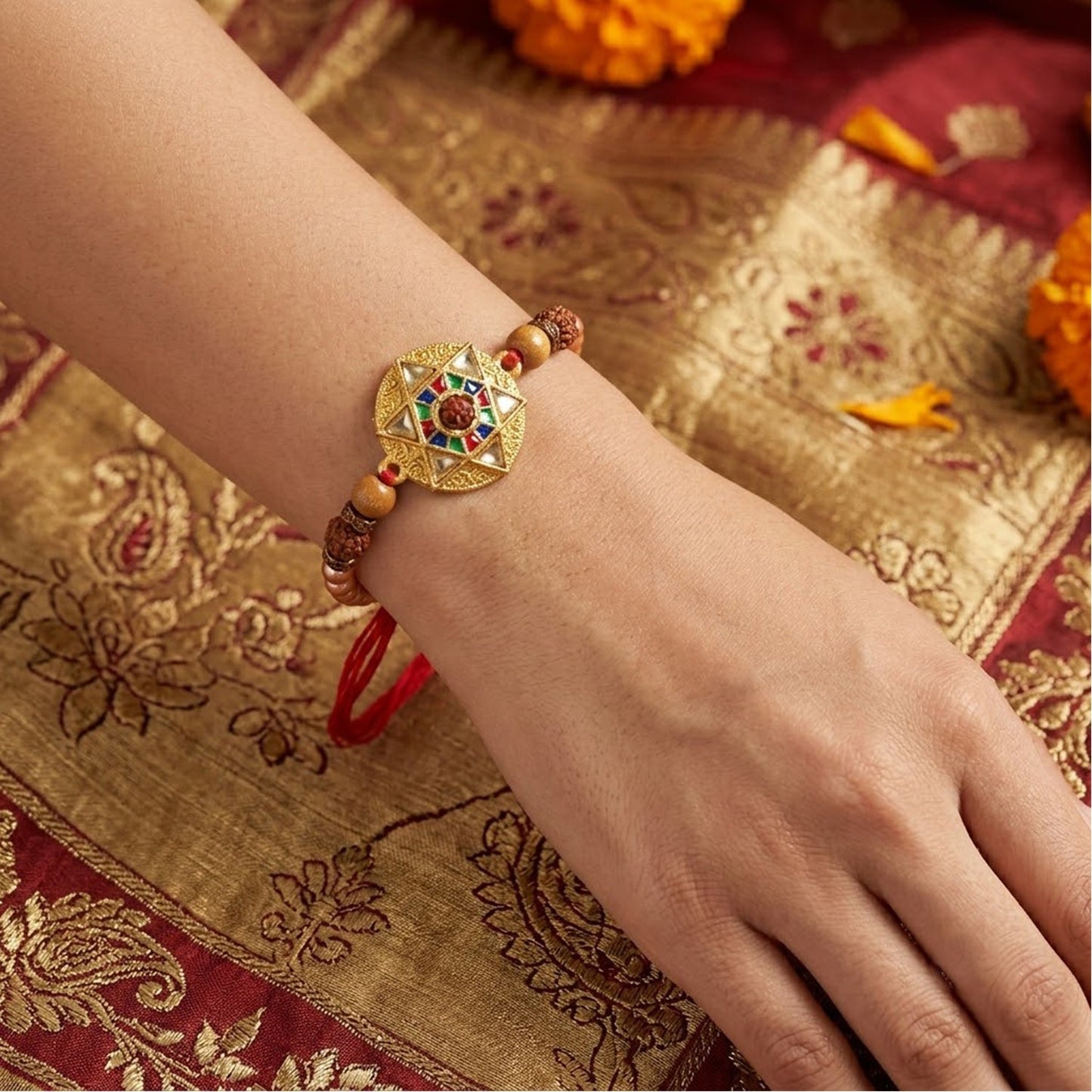 Round Meenakari Stylish Star Charm Rudraksha Pearl Bead Rakhi for Brother