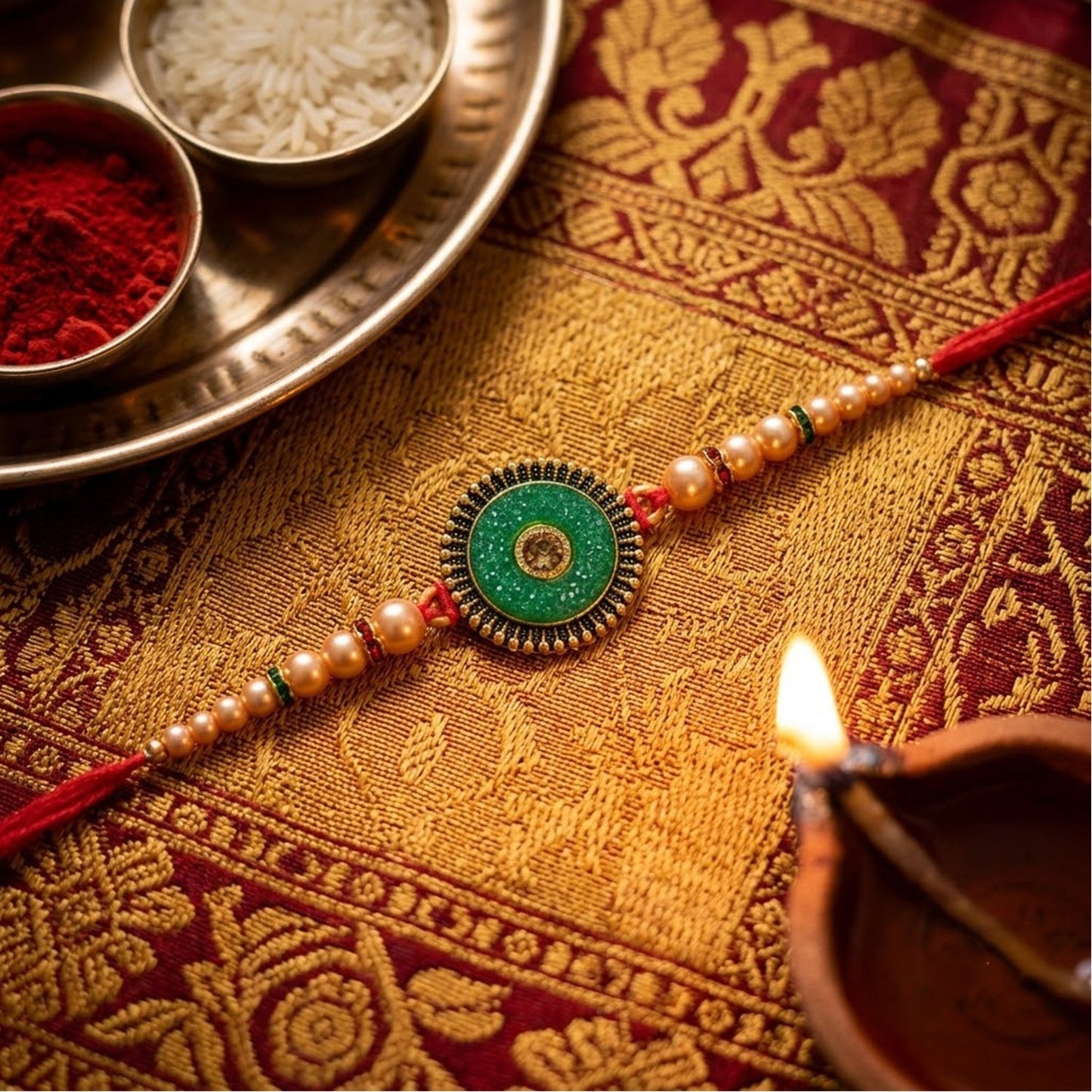 Round Antique Meenakari Enamel Kundan Pearl Bead Thread Rakhi for Brother