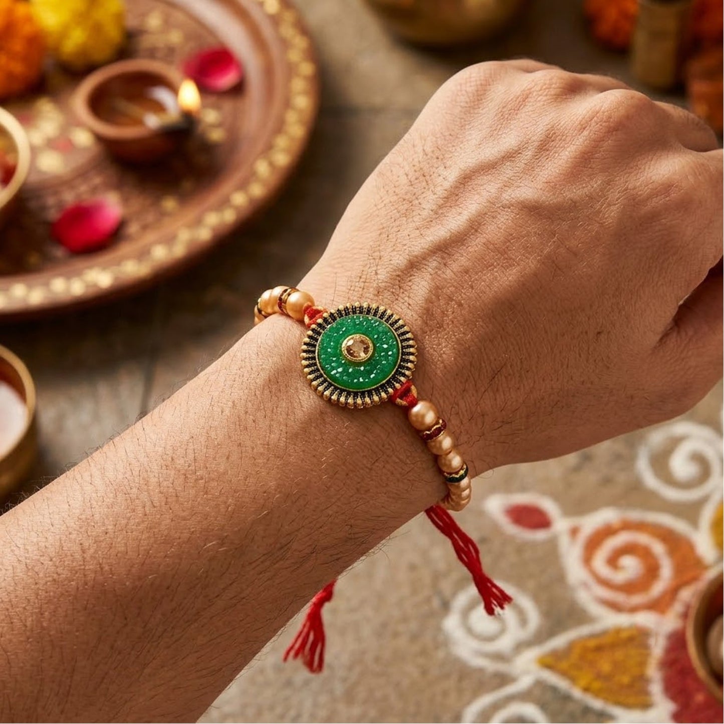 Round Antique Meenakari Enamel Kundan Pearl Bead Thread Rakhi for Brother