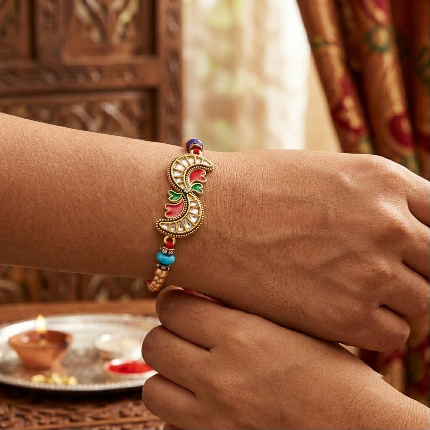 Kundan Meenakari Enamel Charm Pearl Bead Thread Rakhi for Brother