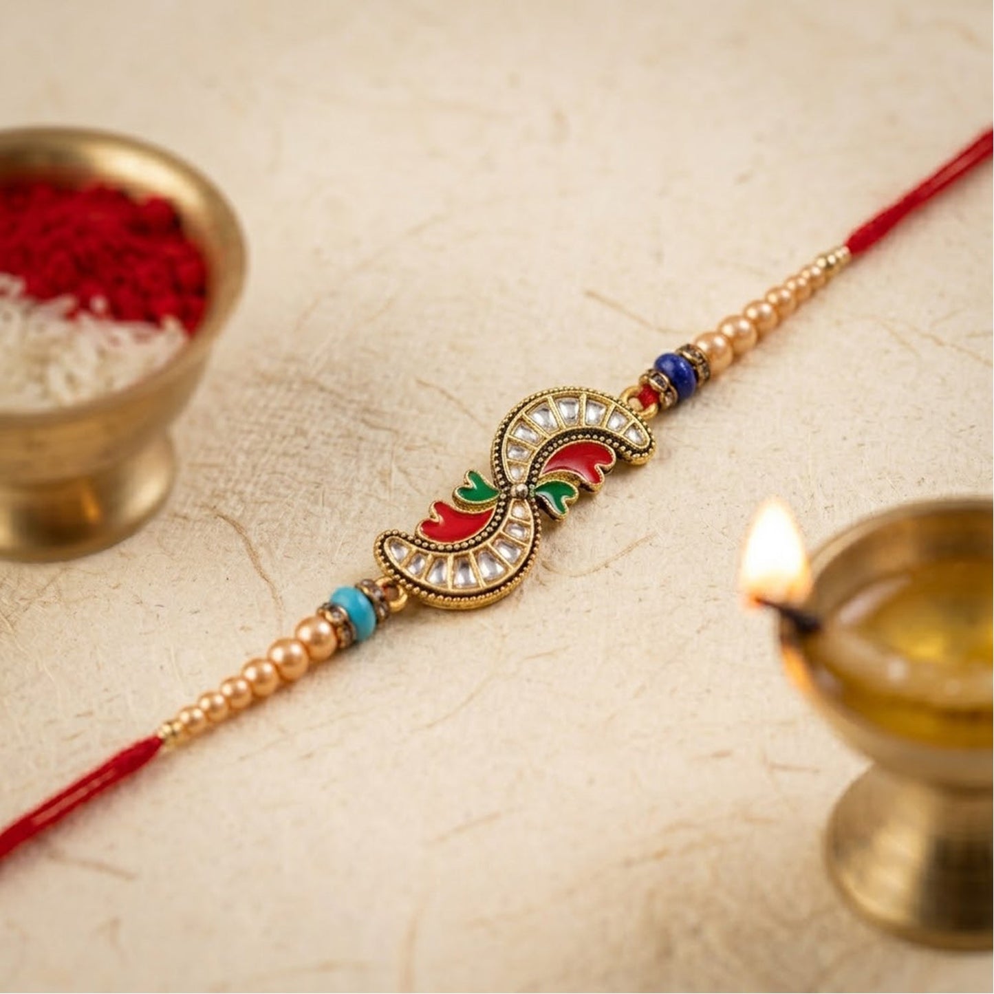 Kundan Meenakari Enamel Charm Pearl Bead Thread Rakhi for Brother