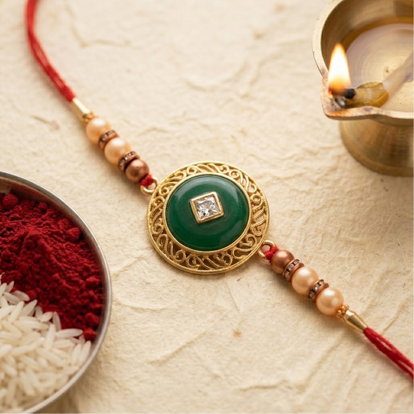 Round Jade Stone Kundan Filigree Charm Pearl Bead Thread Rakhi for Brother