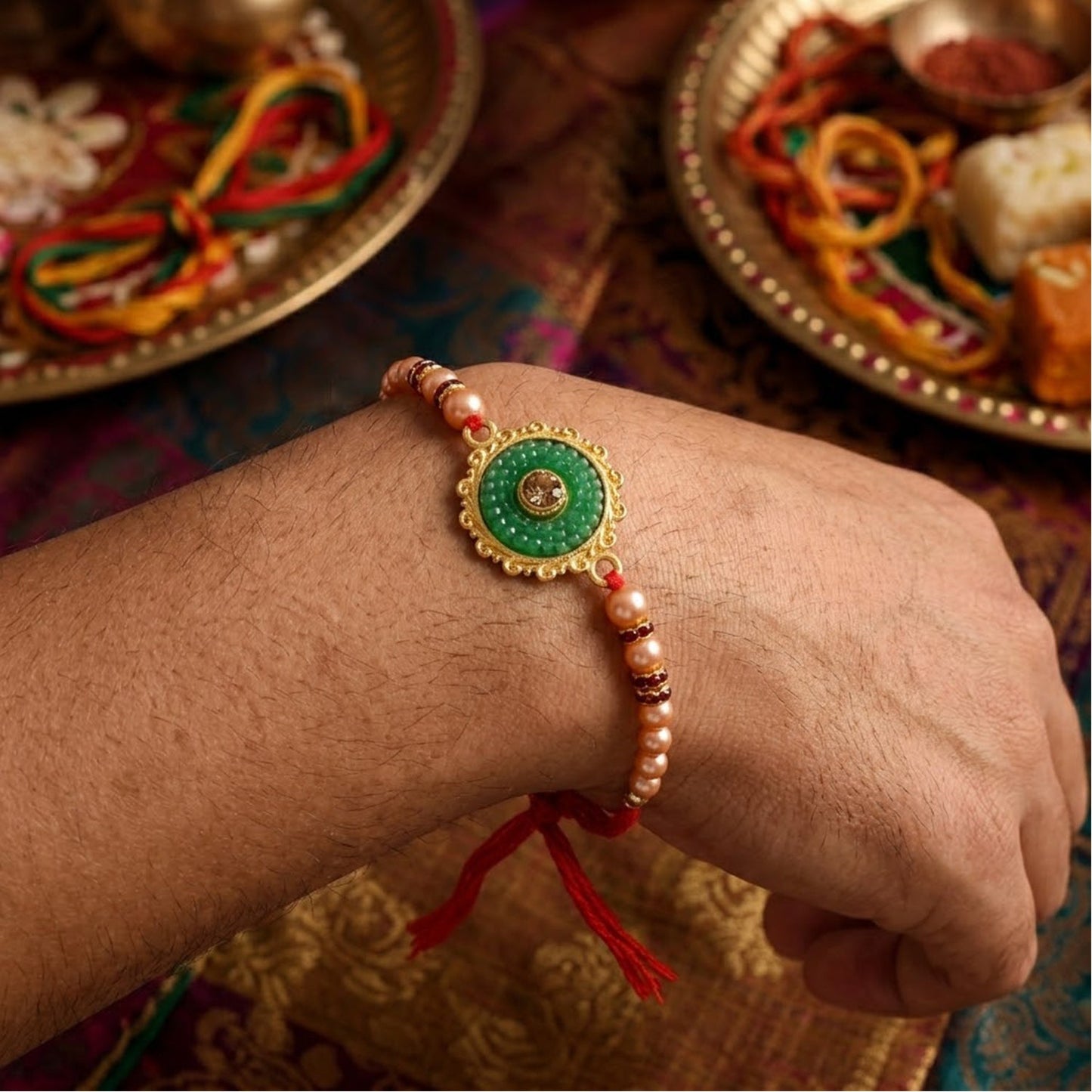 Round Jade Stone Kundan Filigree Charm Pearl Bead Thread Rakhi for Brother