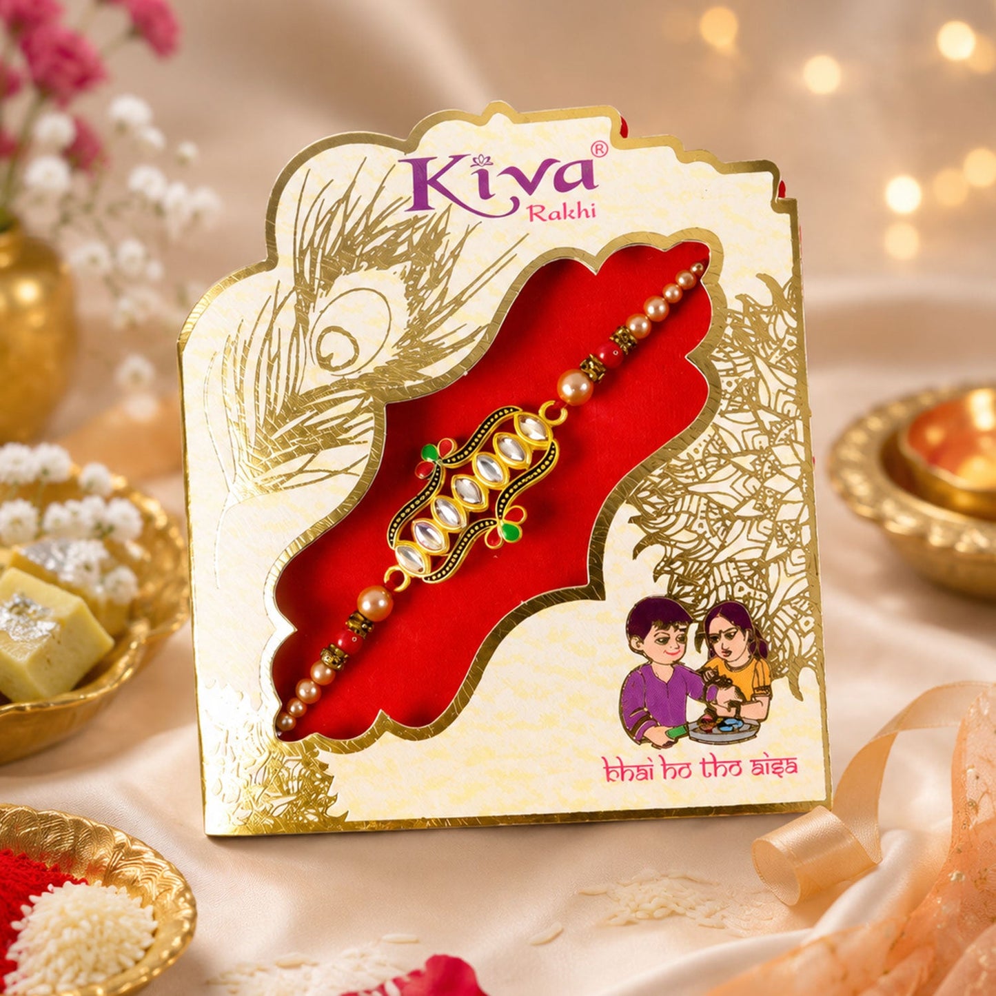 Intricate detailing on the kundan stone studded Rakhi for brother.