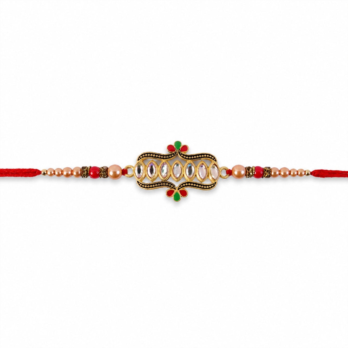 Front view of the traditional kundan stone Rakhi with golden beads.