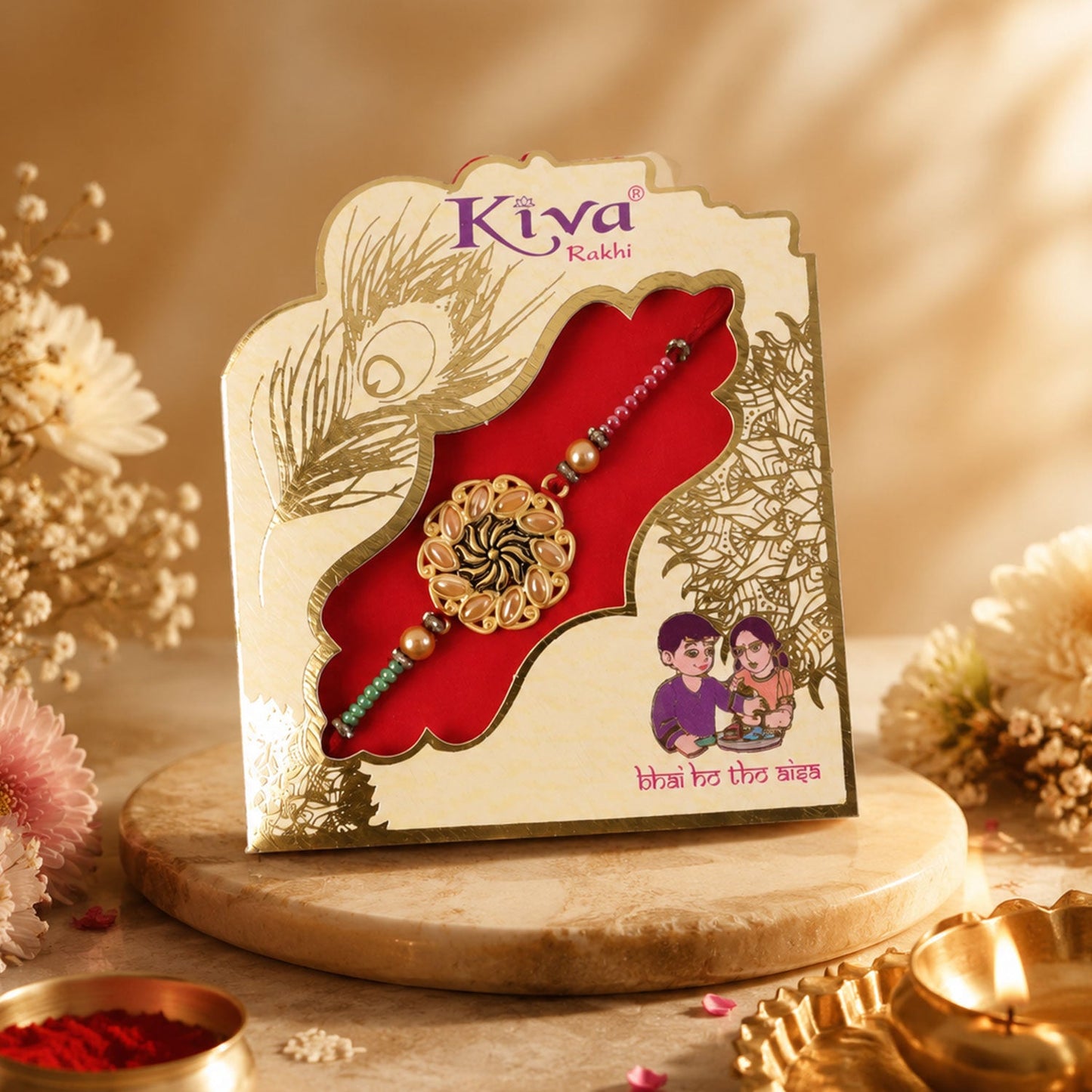 Side view of the Floral Kundan Designer Rakhi showing its intricate beadwork.