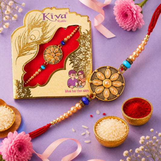 Flower Charm Kundan Stone Rakhi for Brother with Bead Work