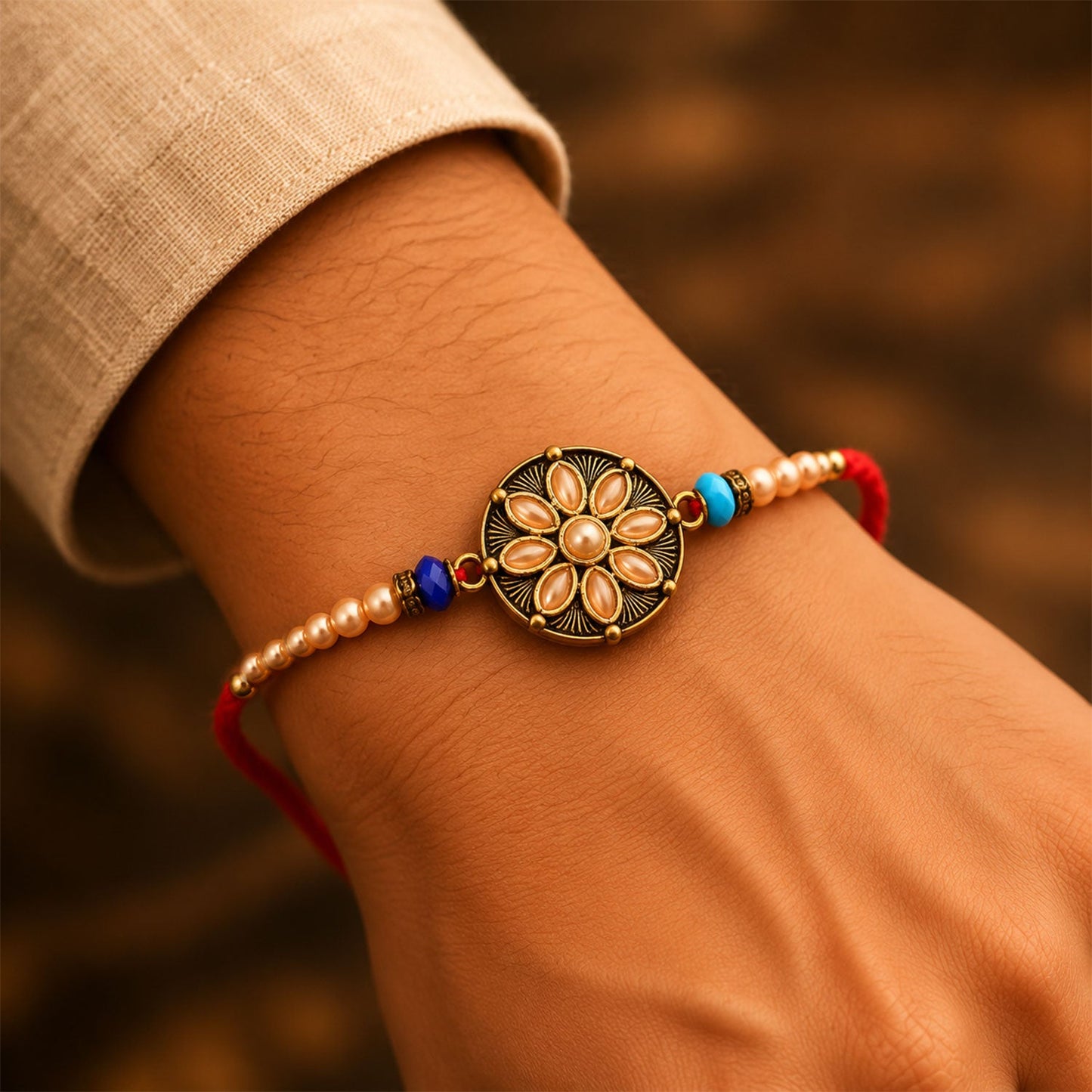 Side view of the traditional kundan stone rakhi showcasing its intricate design.