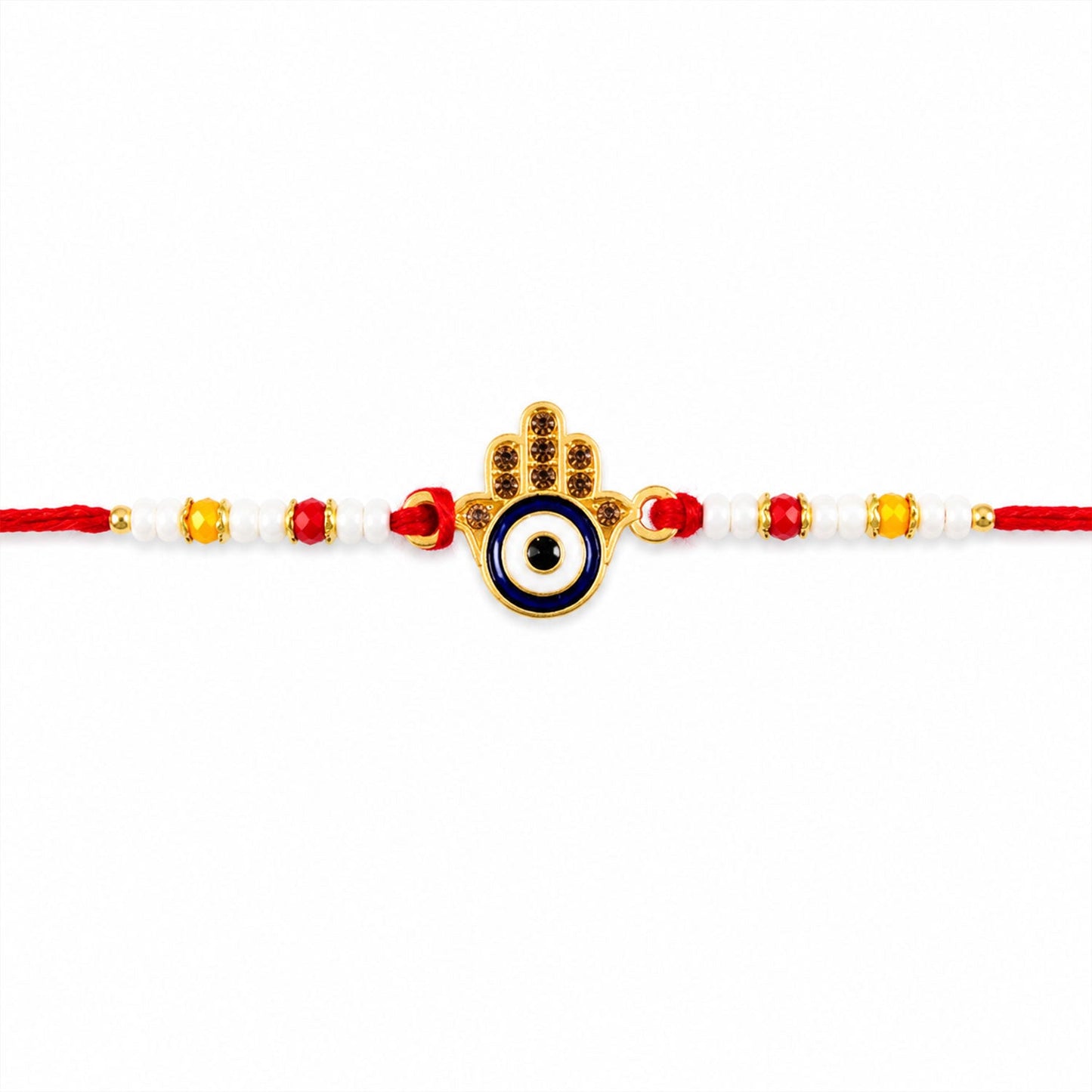 Detailed shot of the Evil Eye motif and delicate pearl beads on the designer Rakhi.