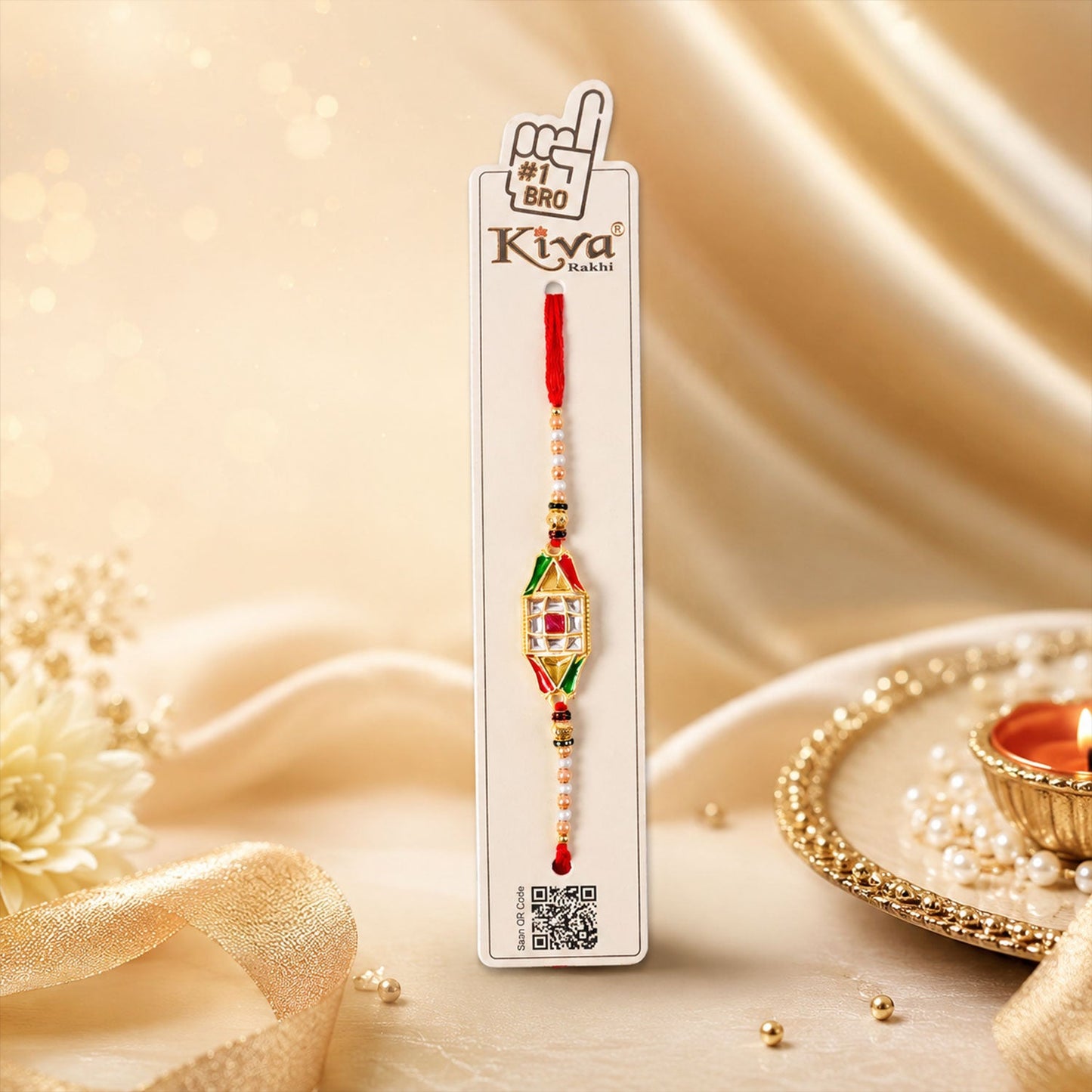 Rakhi for brother with elegant pearl and diamond charm elements.