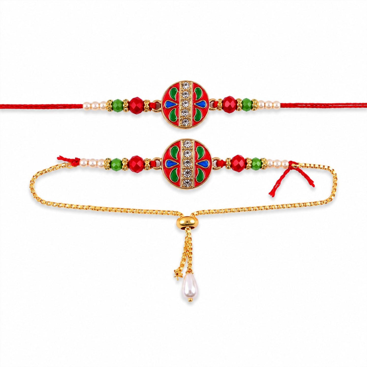 Meenakari Stone Studded Pearl Lumba Bhaiya Bhabhi Rakhi Set
