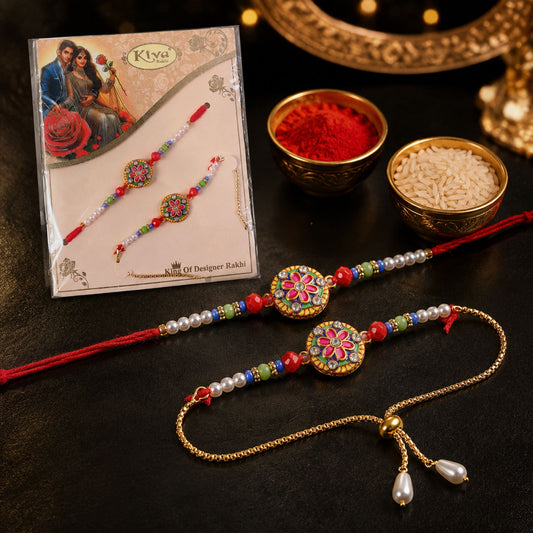 Premium Floral Meenakari Stone Chain Lumba Bhaiya Bhabhi Rakhi Set