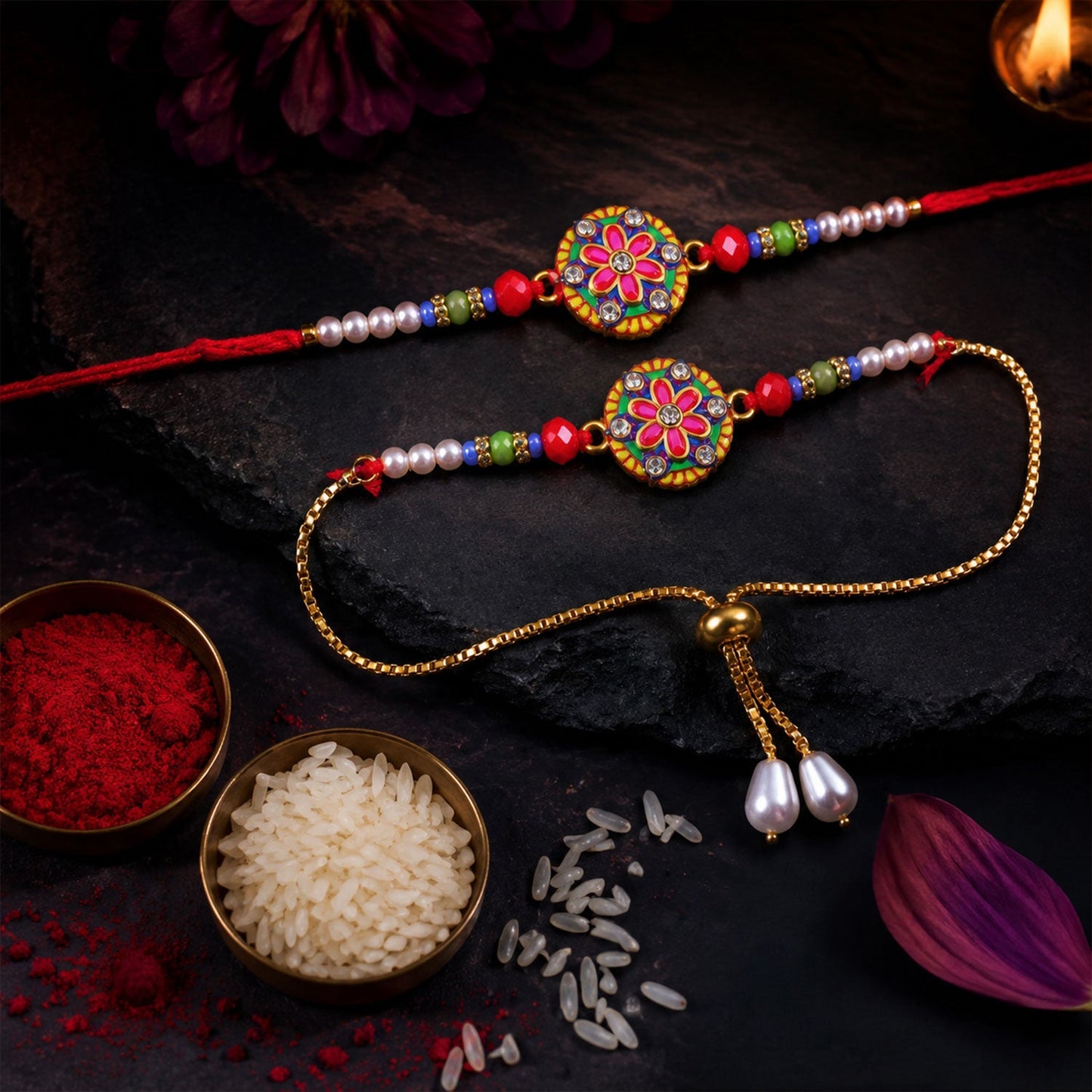 Floral Meenakari Stone Chain Lumba Bhaiya Bhabhi Rakhi Set