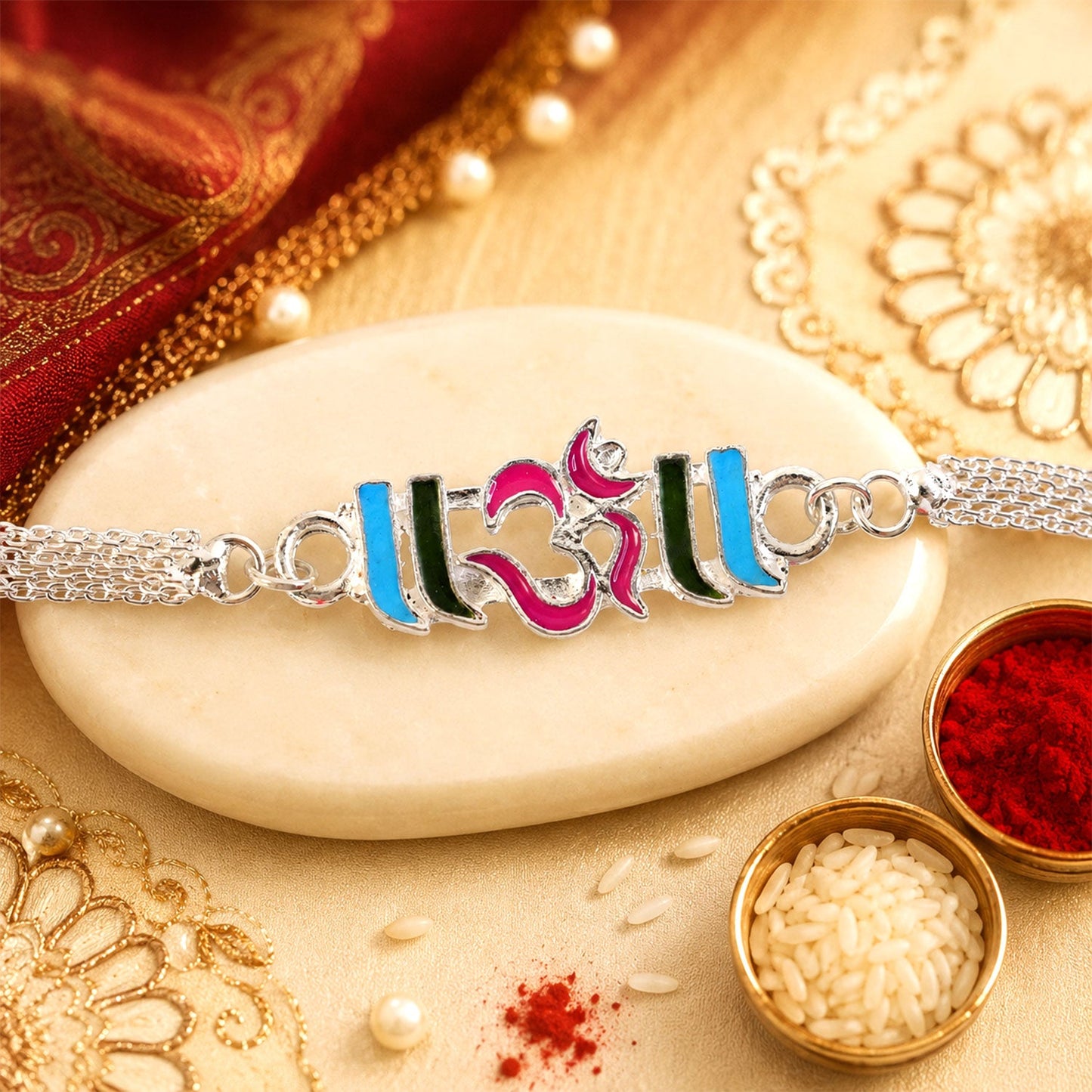 Om Text Stone Studded Designer Chain Rakhi for Brother