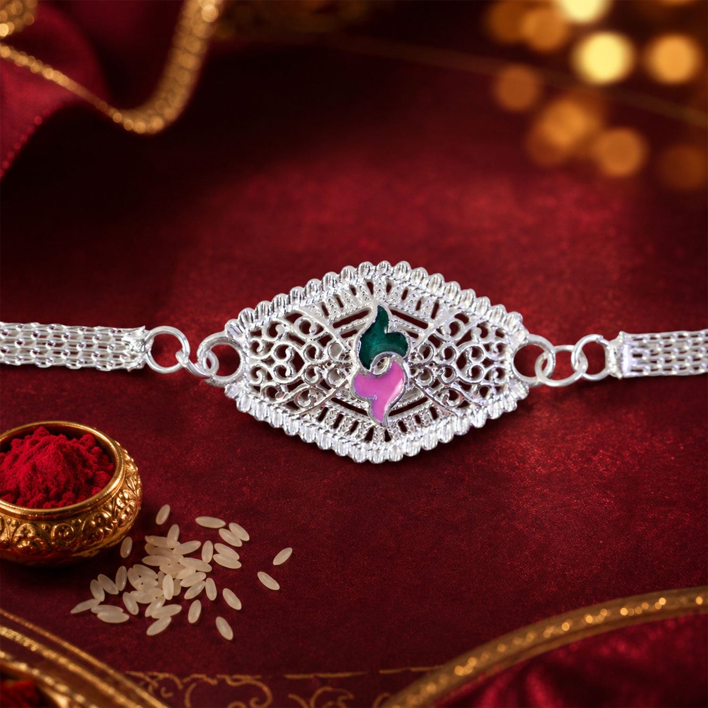 Leaf Motif Stone Studded Designer Chain Rakhi for Brother