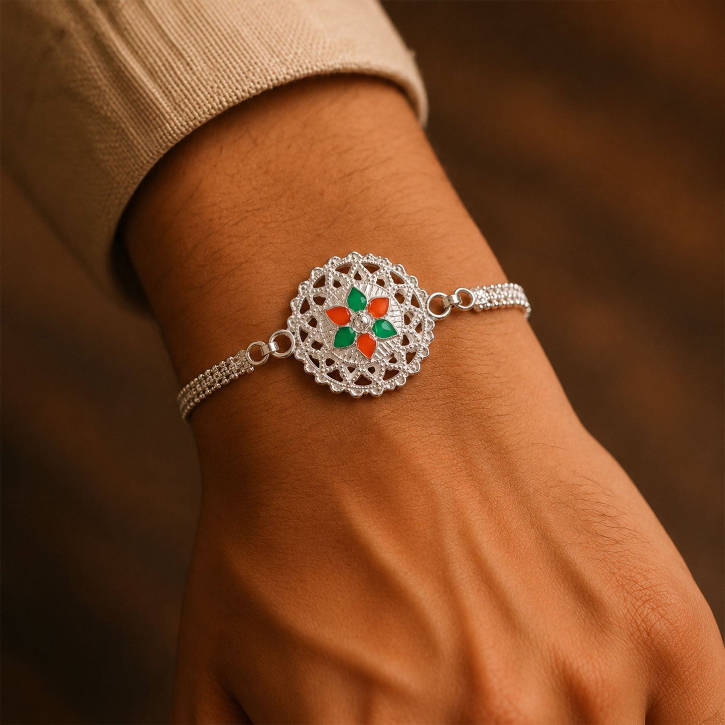 Floral Center Stone Studded Chain Rakhi for Brother