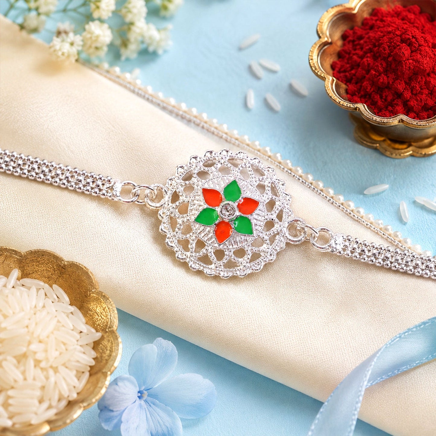 Floral Center Stone Studded Chain Rakhi for Brother