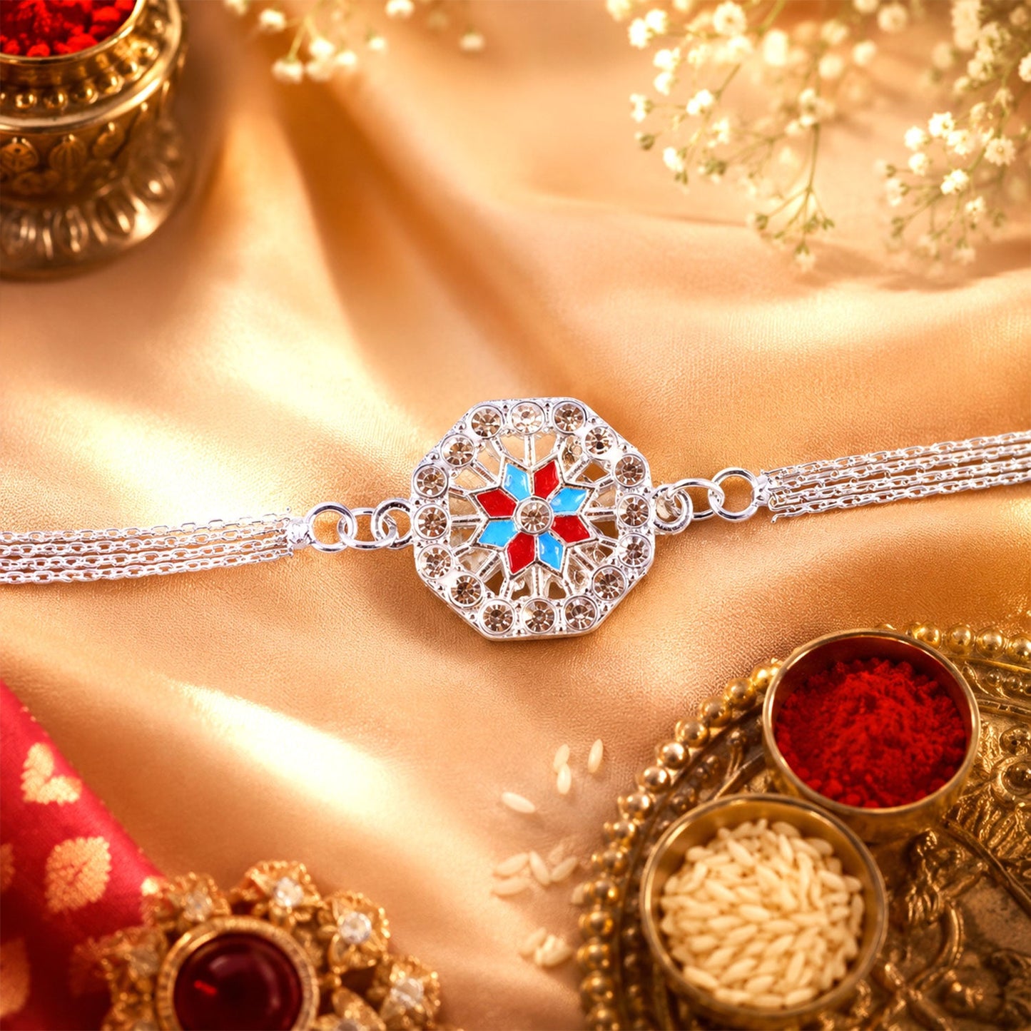 Round Floral Stone Studded Designer Chain Rakhi for Brother