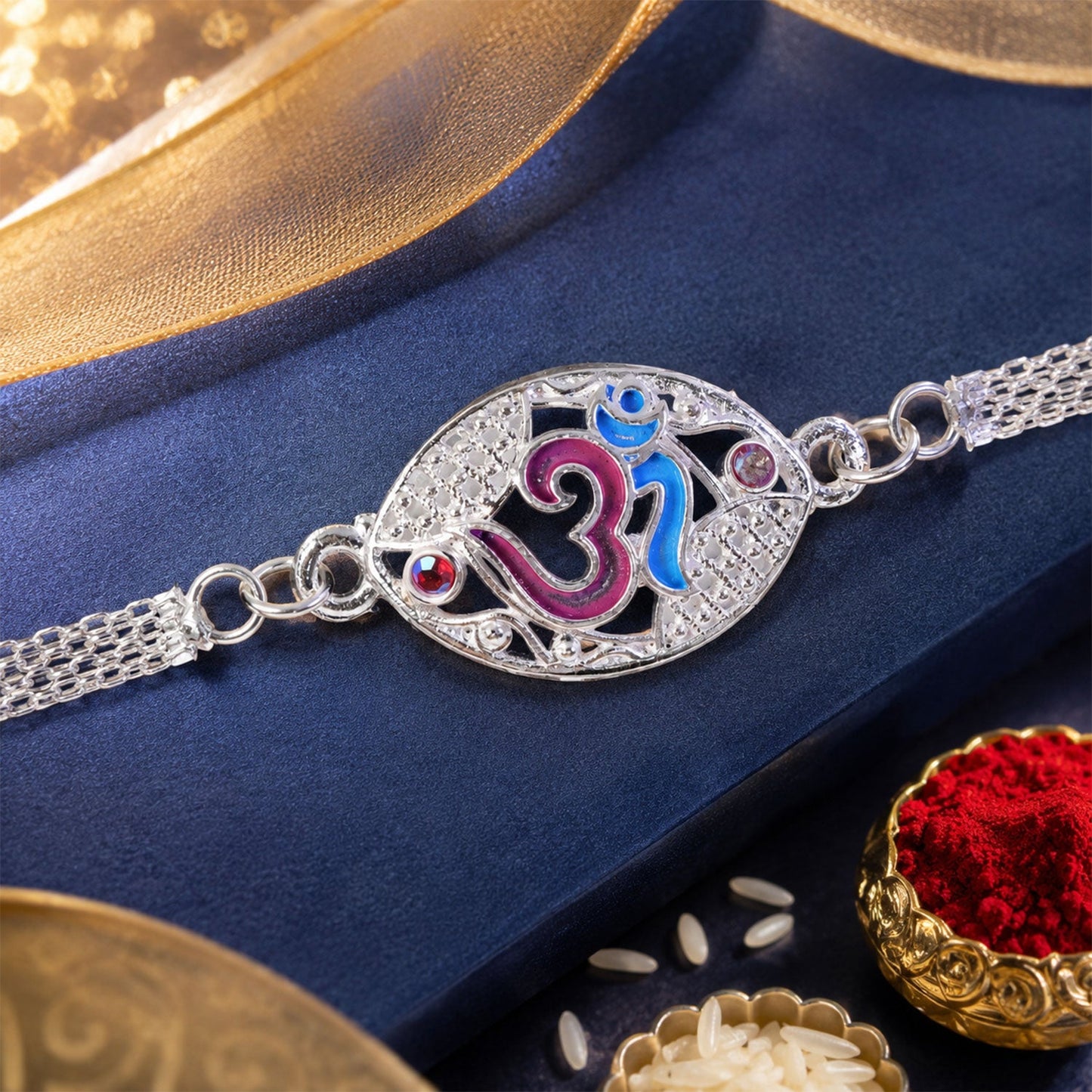 Om Symbol Oval Stone Studded Chain Rakhi for Brother