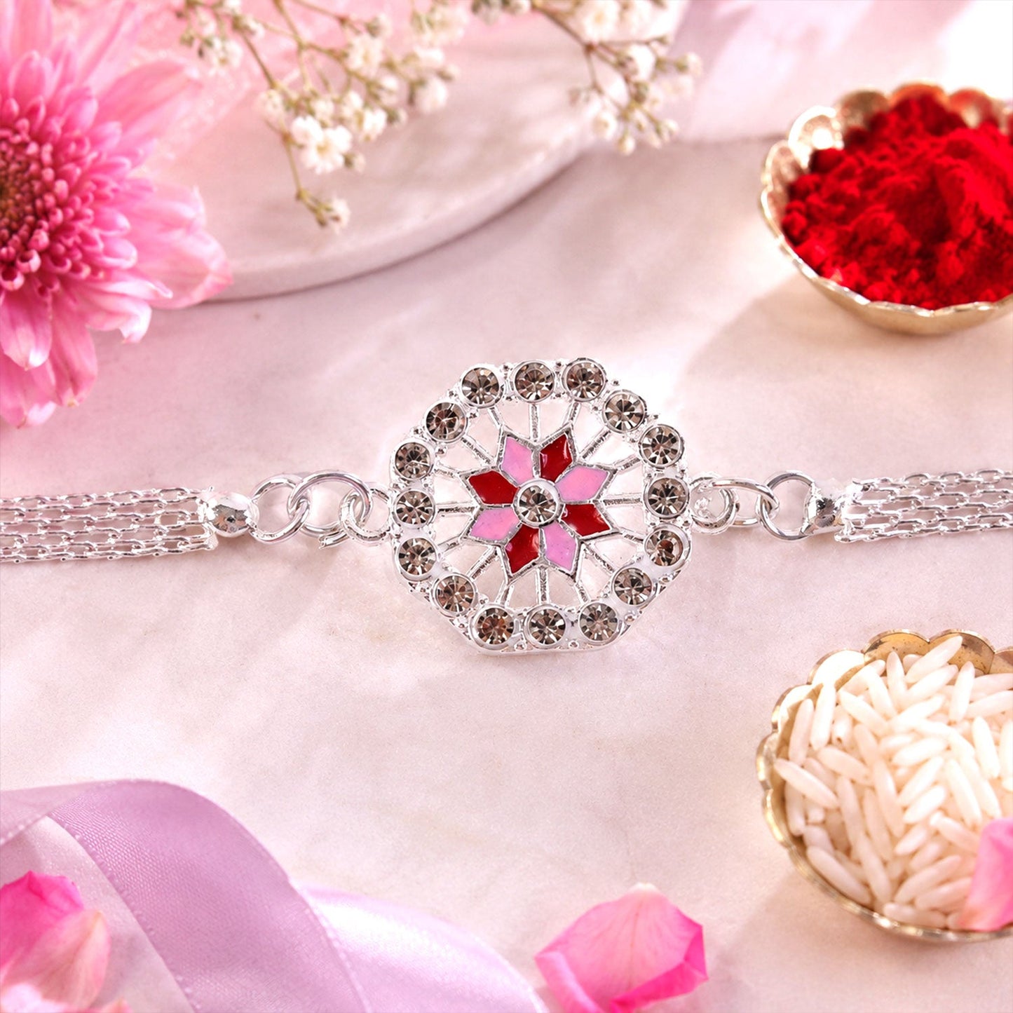 Floral Stone Studded Designer Chain Rakhi for Brother