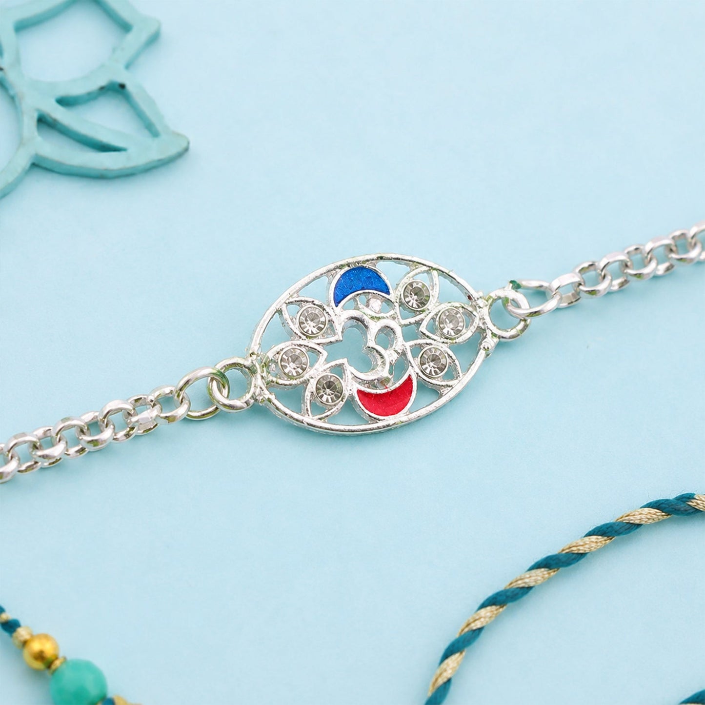 Om Leaf Motif Stone Studded Designer Chain Rakhi for Brother