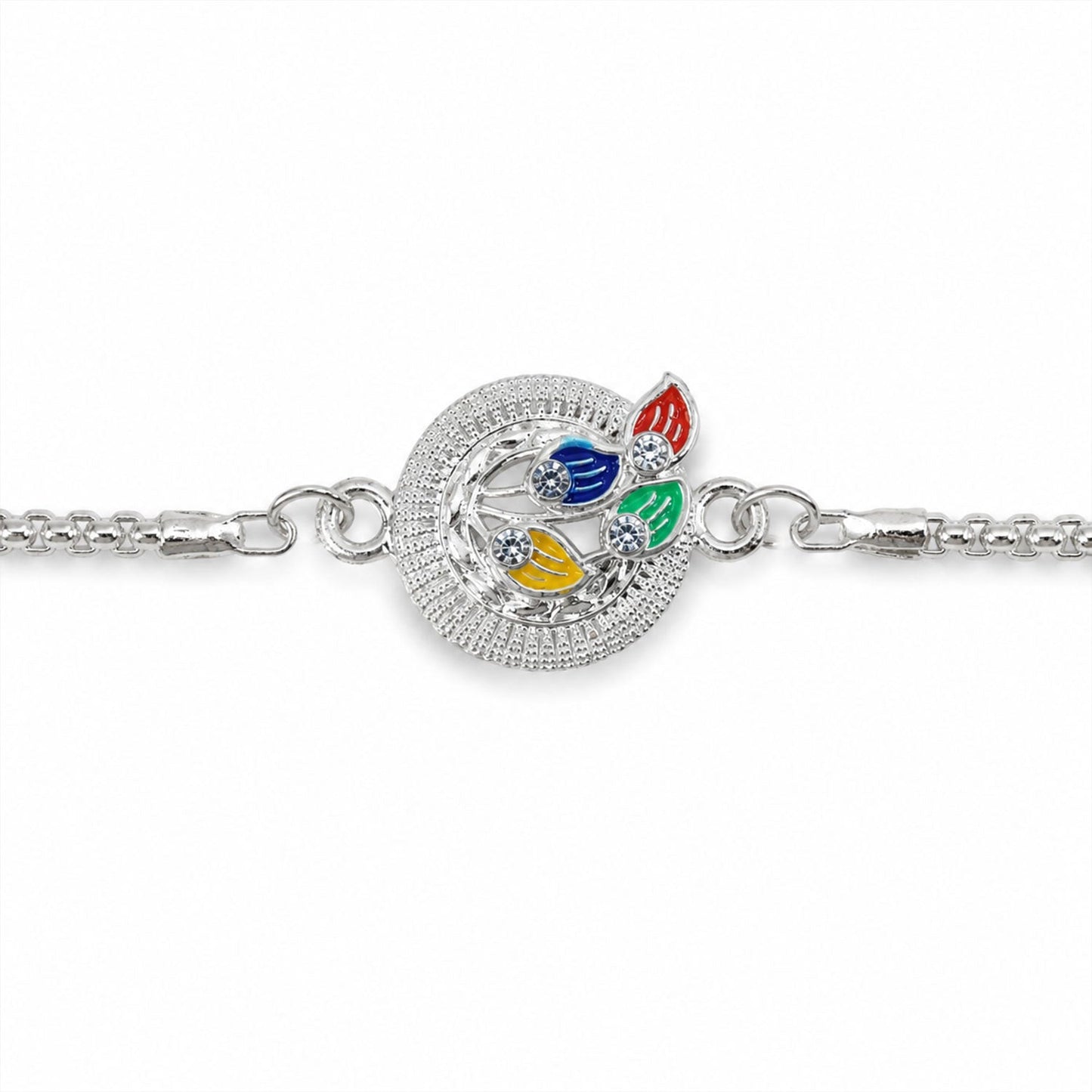 Peacock Motif Meenakari Stone-Studded Chain Rakhi for Brother