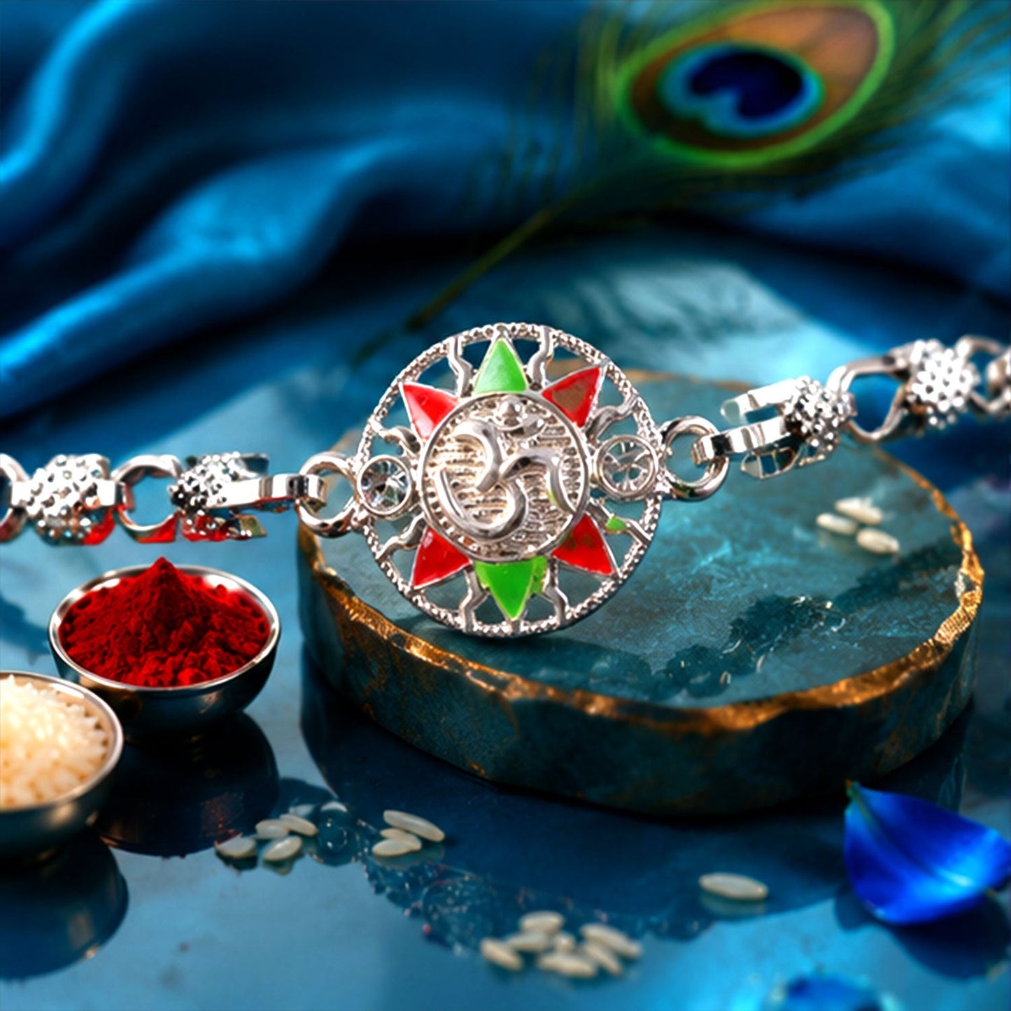 Divine Om Round Meenakari Designer Chain Rakhi for Brother
