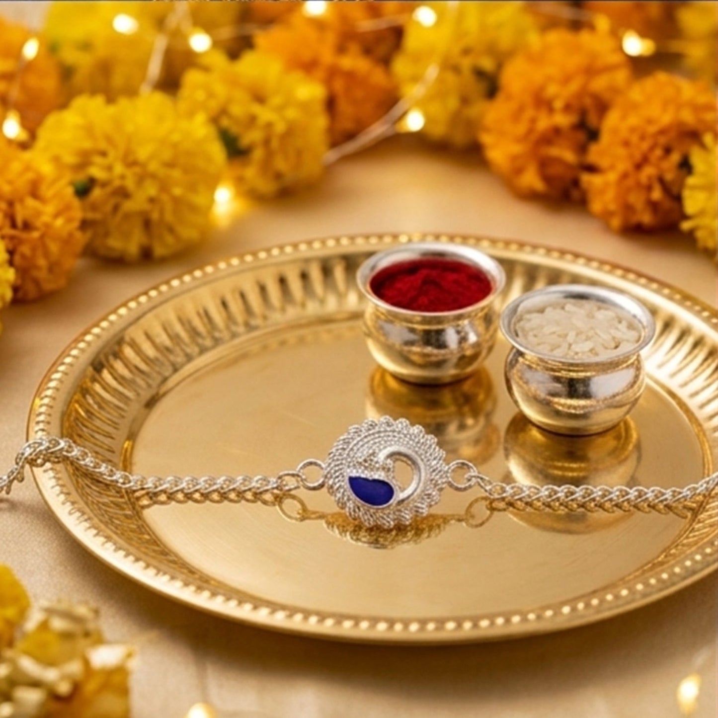 Peacock Round Stone Studded Designer Chain Rakhi for Brother