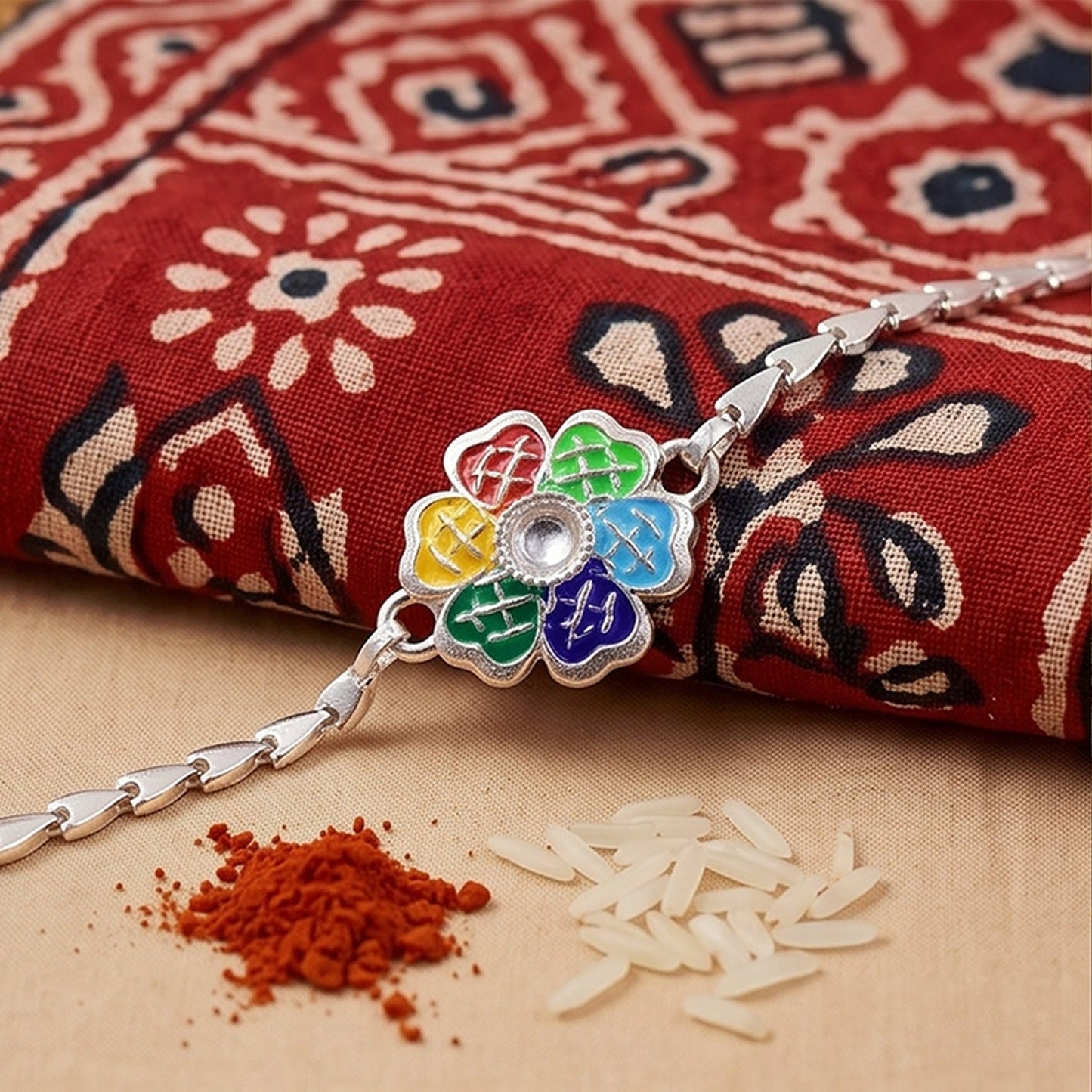 Floral Cluster Meenakari Kundan Stone Chain Rakhi for Brother