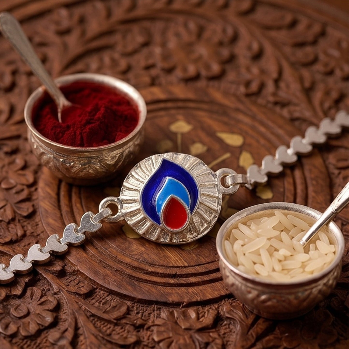 Peacock Feather Meenakari Enamel Designer Chain Rakhi for Brother