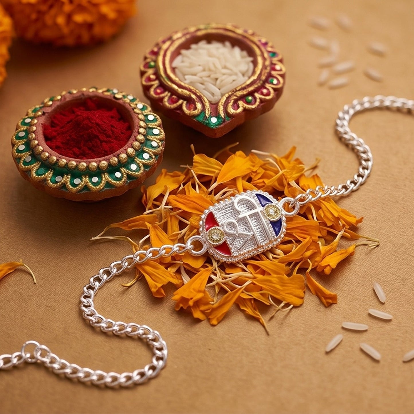 Shree charm Designer Stone Studded Traditional Chain Rakhi for Brother