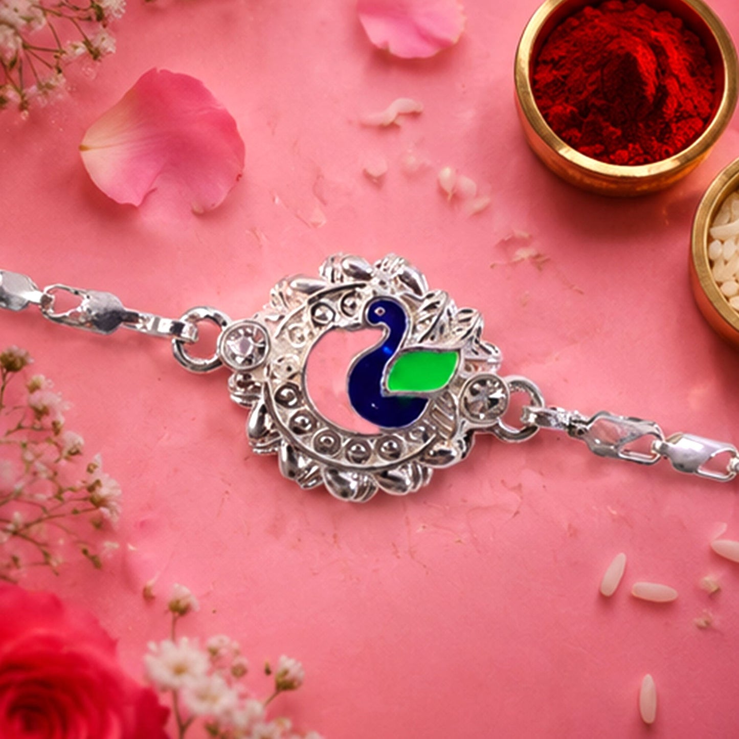 Peacock Design Meenakari Stone-Studded Chain Rakhi for Brother
